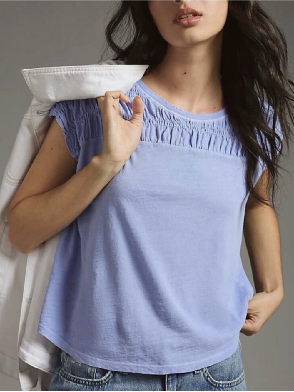 Anthropologie Pilcro Bluish Cap Sleeve Smocked Muscle Tee - size L
